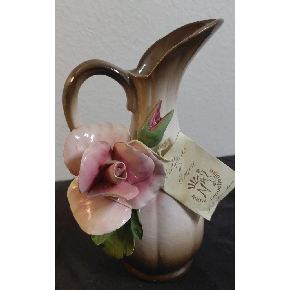 Vintage Nuova Capodimonte Italy Porcelain Pink Rose Pitcher Vase F.lli Savastano